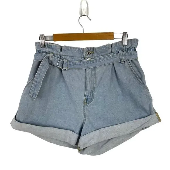 FOREVER 21 BAGGY PAPERBAG HIGH RISE SHORTS WITH BELT LIGHT WASH SIZE 31 - Picture 10 of 10